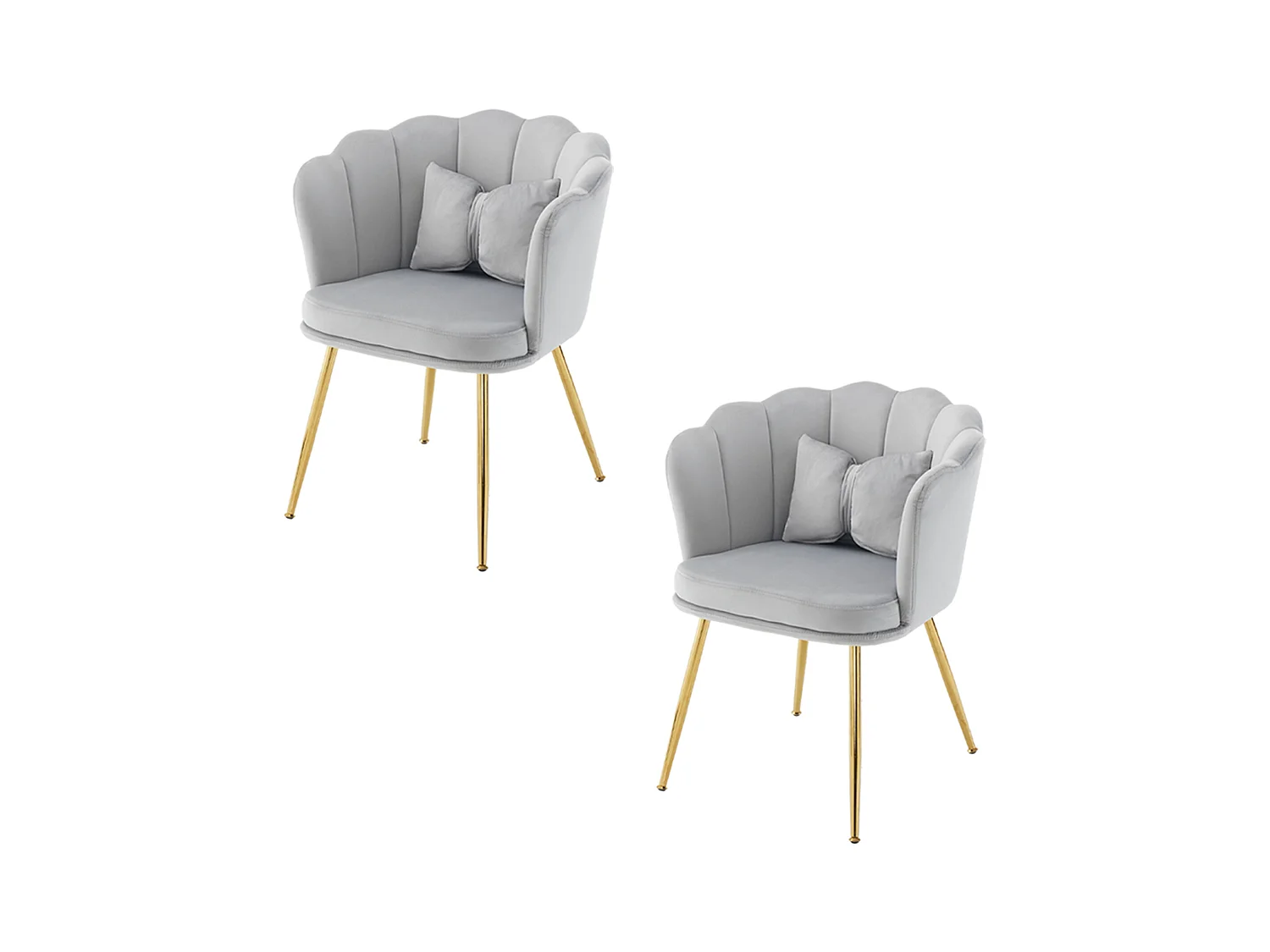 Set de 2 chaises modernes en velours, design à dossier en pétale, coussin lombaire papillon, pieds métalliques dorés, gris (63x58x77 cm)