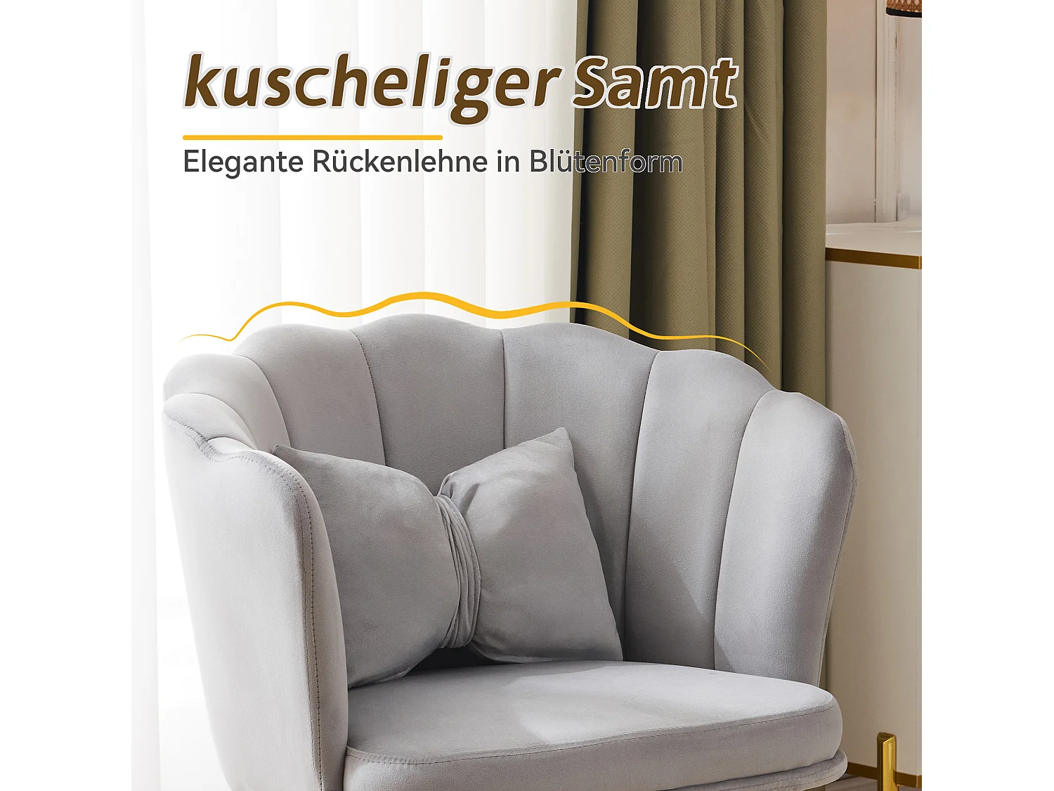 Set de 2 chaises modernes en velours, design à dossier en pétale, coussin lombaire papillon, pieds métalliques dorés, gris (63x58x77 cm)