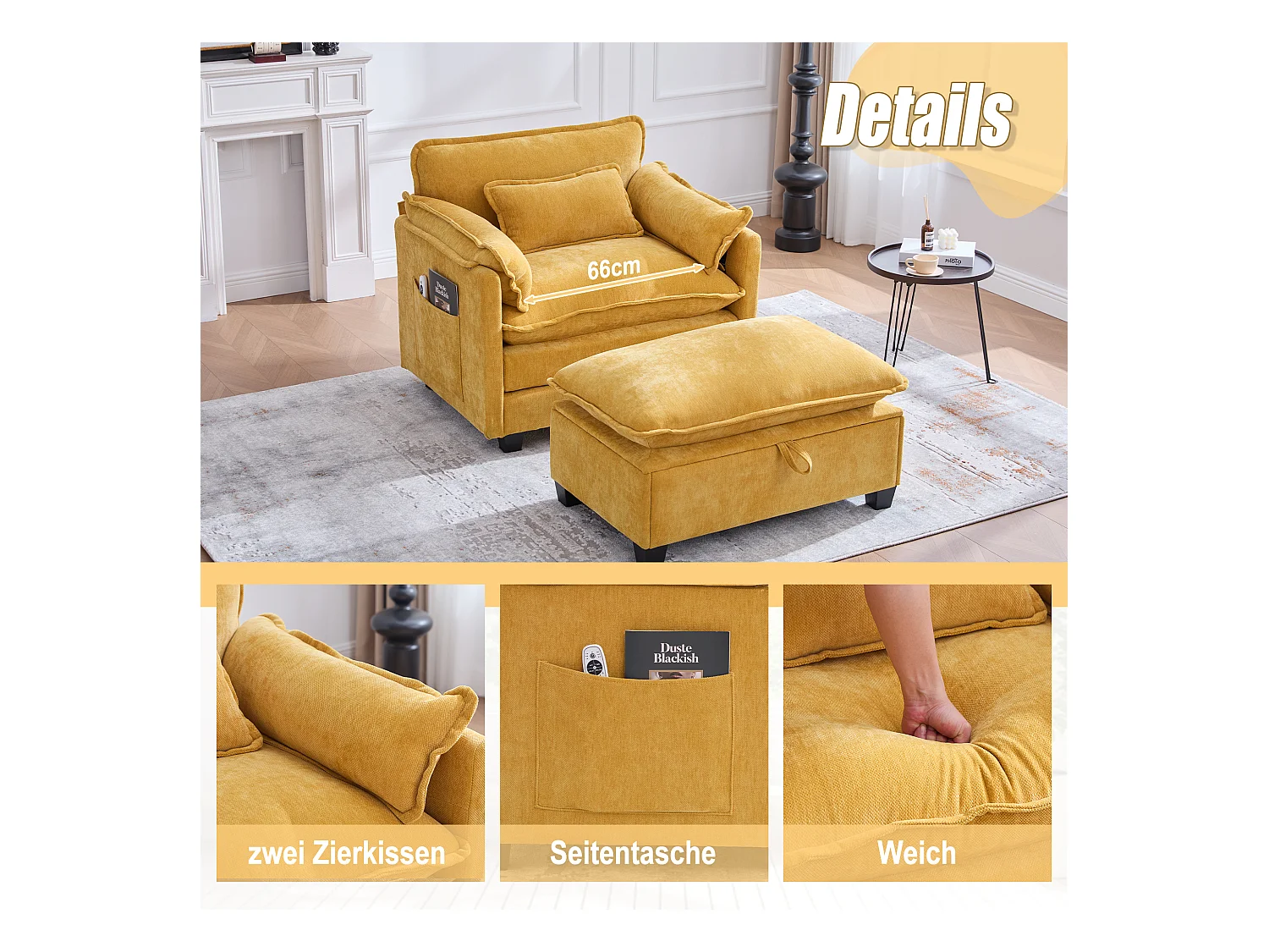 Fauteuil avec repose-pieds et ottoman, tissu chenille jaune, poches latérales et coussins (103x85x91 cm)