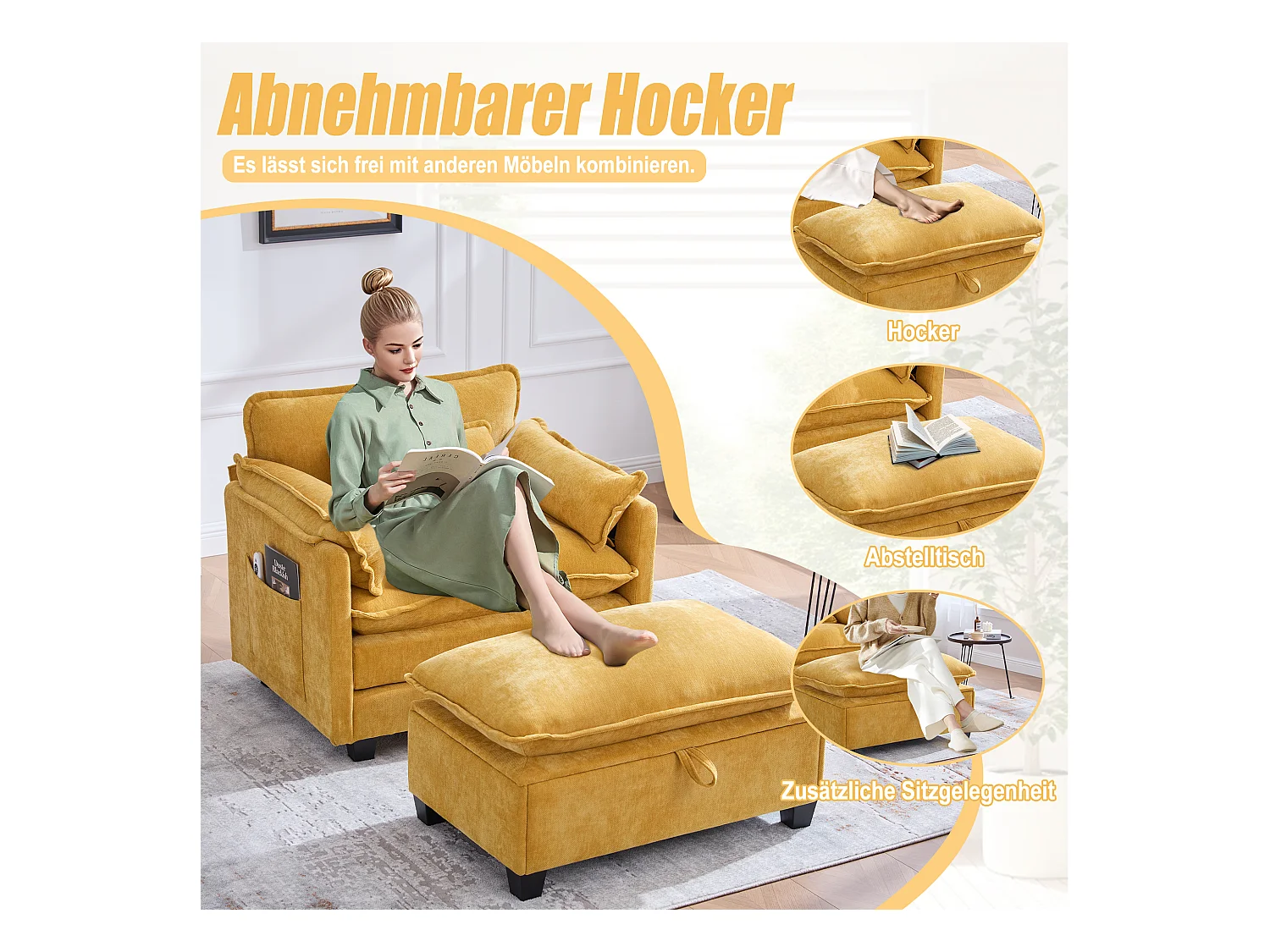 Fauteuil avec repose-pieds et ottoman, tissu chenille jaune, poches latérales et coussins (103x85x91 cm)