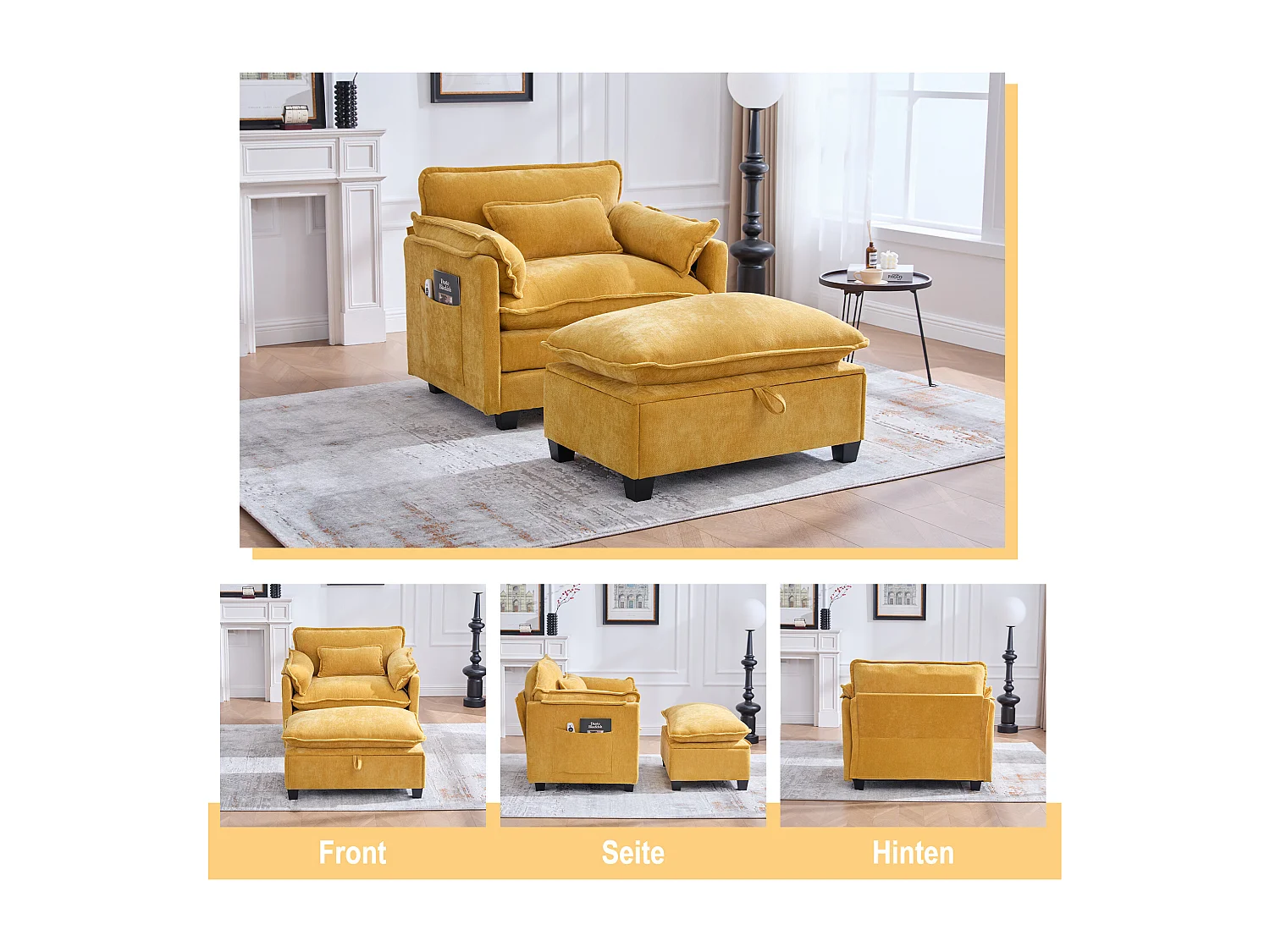 Fauteuil avec repose-pieds et ottoman, tissu chenille jaune, poches latérales et coussins (103x85x91 cm)