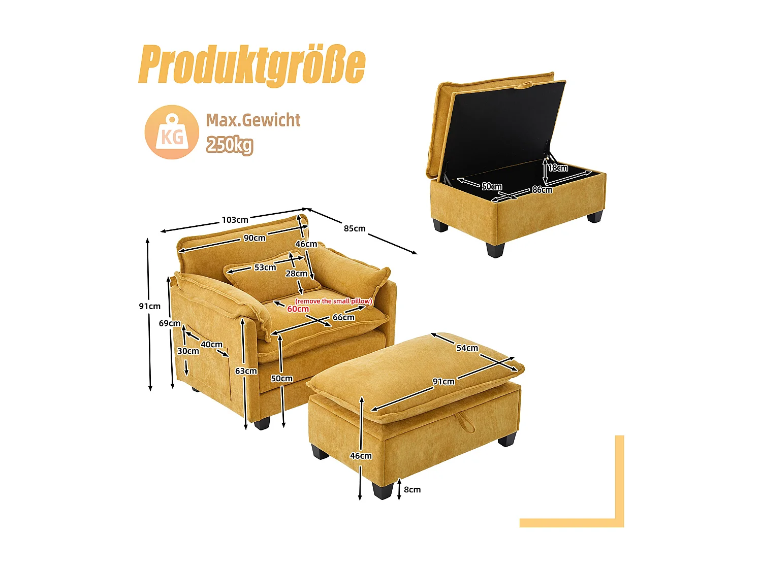 Fauteuil avec repose-pieds et ottoman, tissu chenille jaune, poches latérales et coussins (103x85x91 cm)