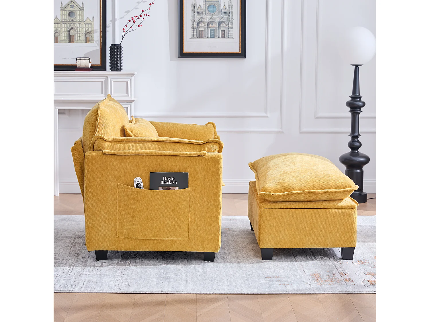 Fauteuil avec repose-pieds et ottoman, tissu chenille jaune, poches latérales et coussins (103x85x91 cm)