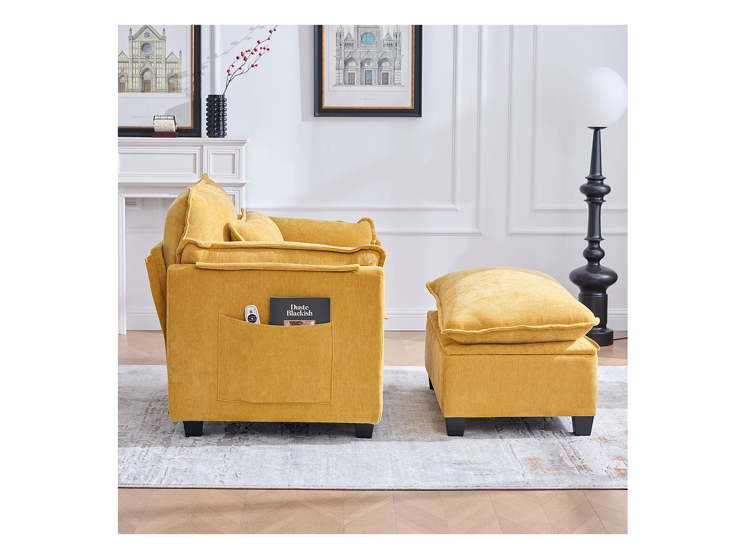 Fauteuil avec repose-pieds et ottoman, tissu chenille jaune, poches latérales et coussins (103x85x91 cm)