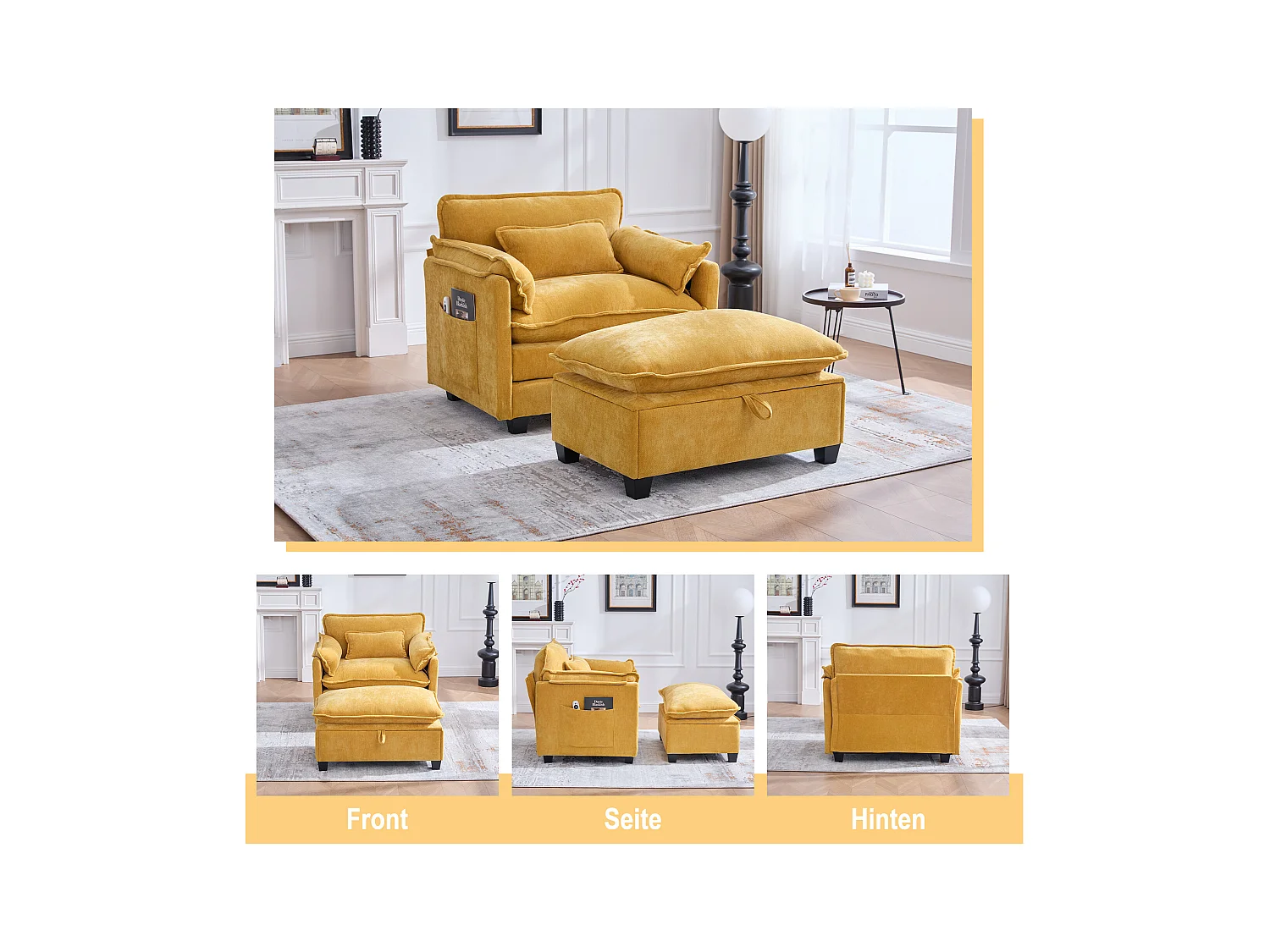 Fauteuil avec repose-pieds et ottoman, tissu chenille jaune, poches latérales et coussins (103x85x91 cm)
