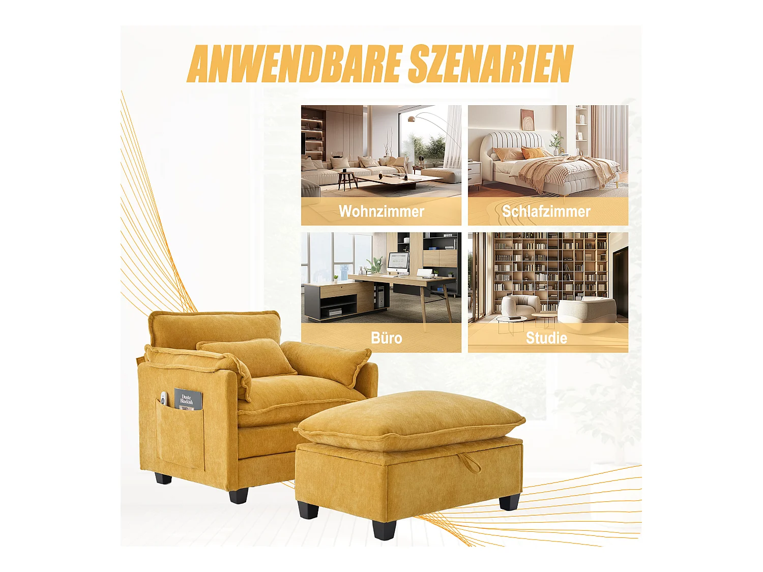 Fauteuil avec repose-pieds et ottoman, tissu chenille jaune, poches latérales et coussins (103x85x91 cm)