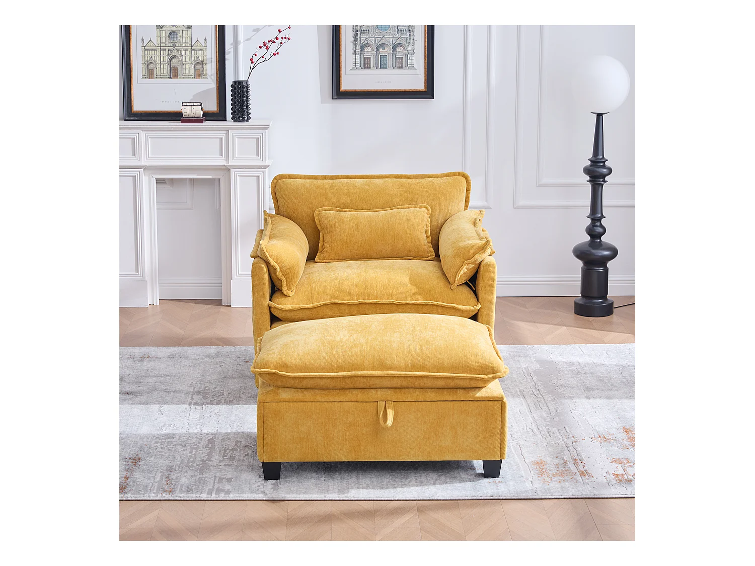 Fauteuil avec repose-pieds et ottoman, tissu chenille jaune, poches latérales et coussins (103x85x91 cm)