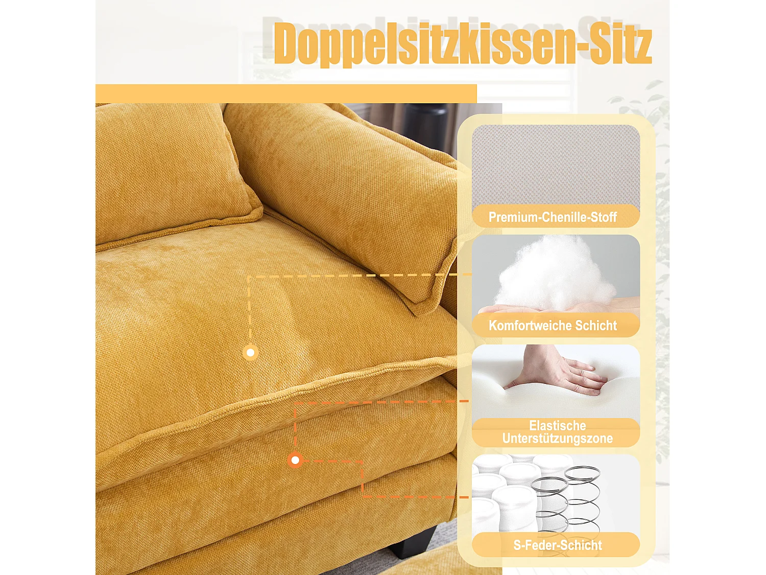 Fauteuil met voetenbank en voetenbank, gele chenille stof, zijzakken en kussens (103x85x91 cm)