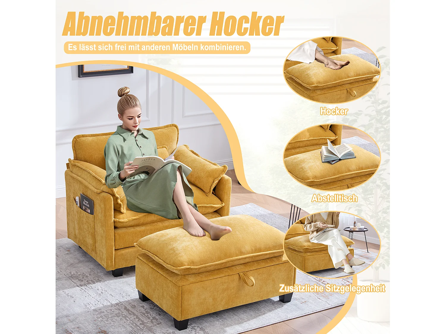 Fauteuil met voetenbank en voetenbank, gele chenille stof, zijzakken en kussens (103x85x91 cm)