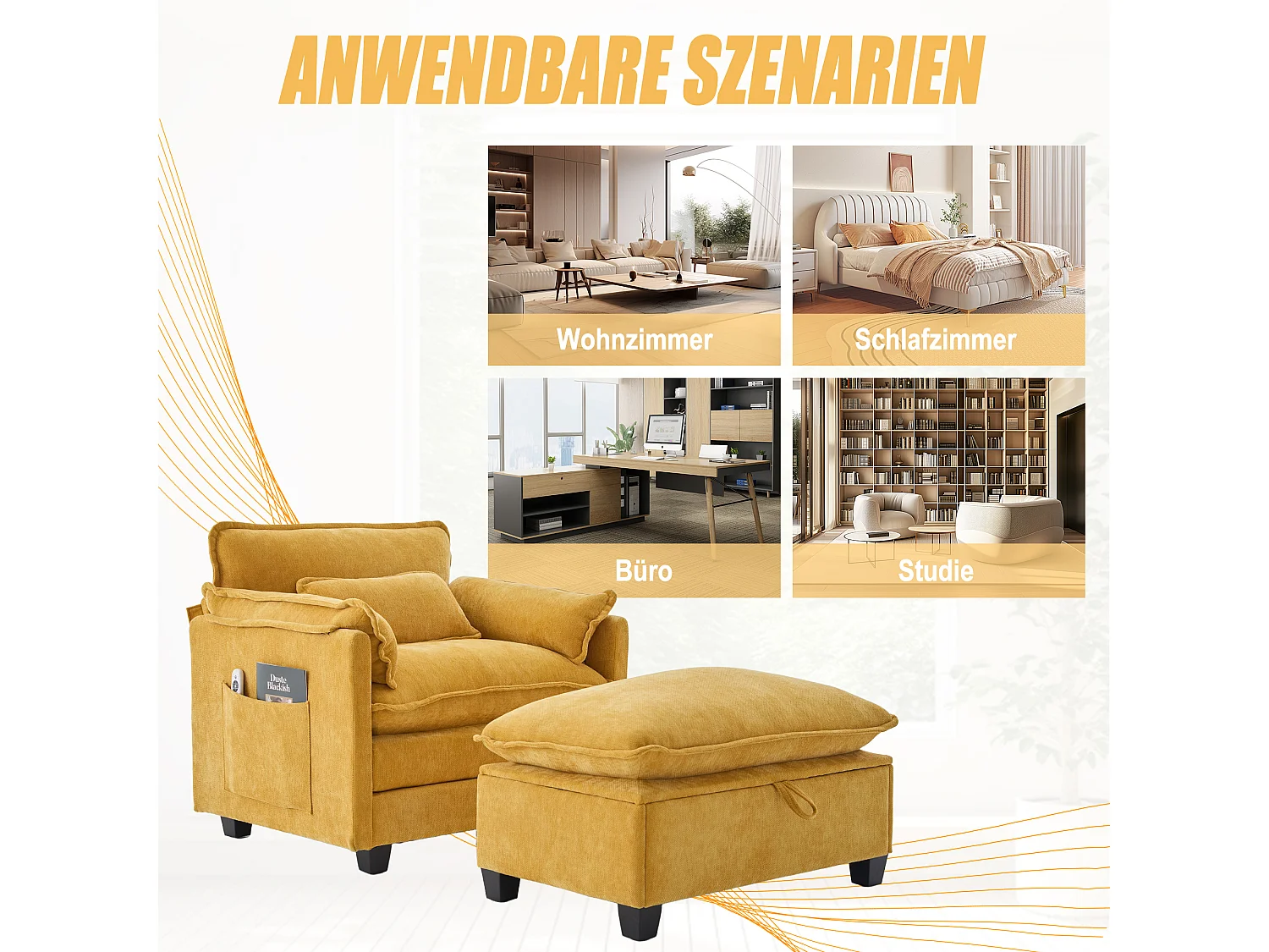 Fauteuil met voetenbank en voetenbank, gele chenille stof, zijzakken en kussens (103x85x91 cm)