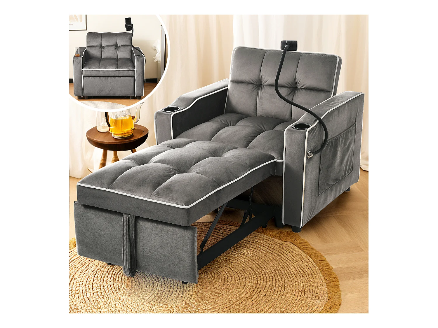 Canapé-lit 3 en 1 avec porte-gobelets et support pour téléphone, tissu chenille, gris foncé (83x167x76 cm)