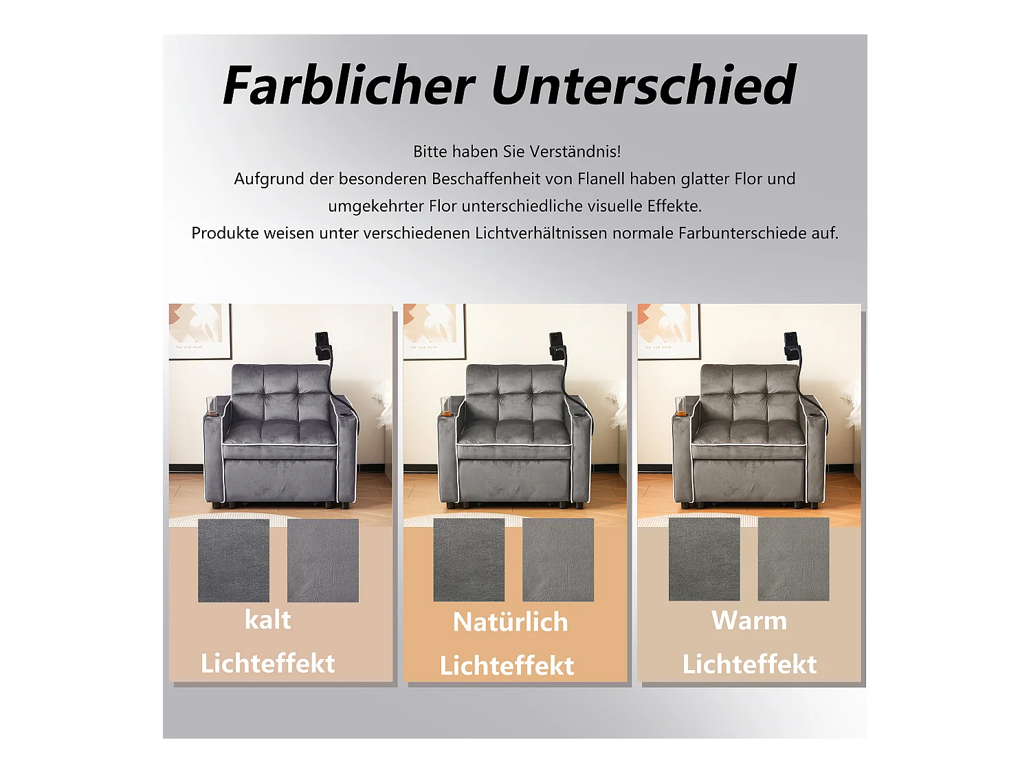 Canapé-lit 3 en 1 avec porte-gobelets et support pour téléphone, tissu chenille, gris foncé (83x167x76 cm)