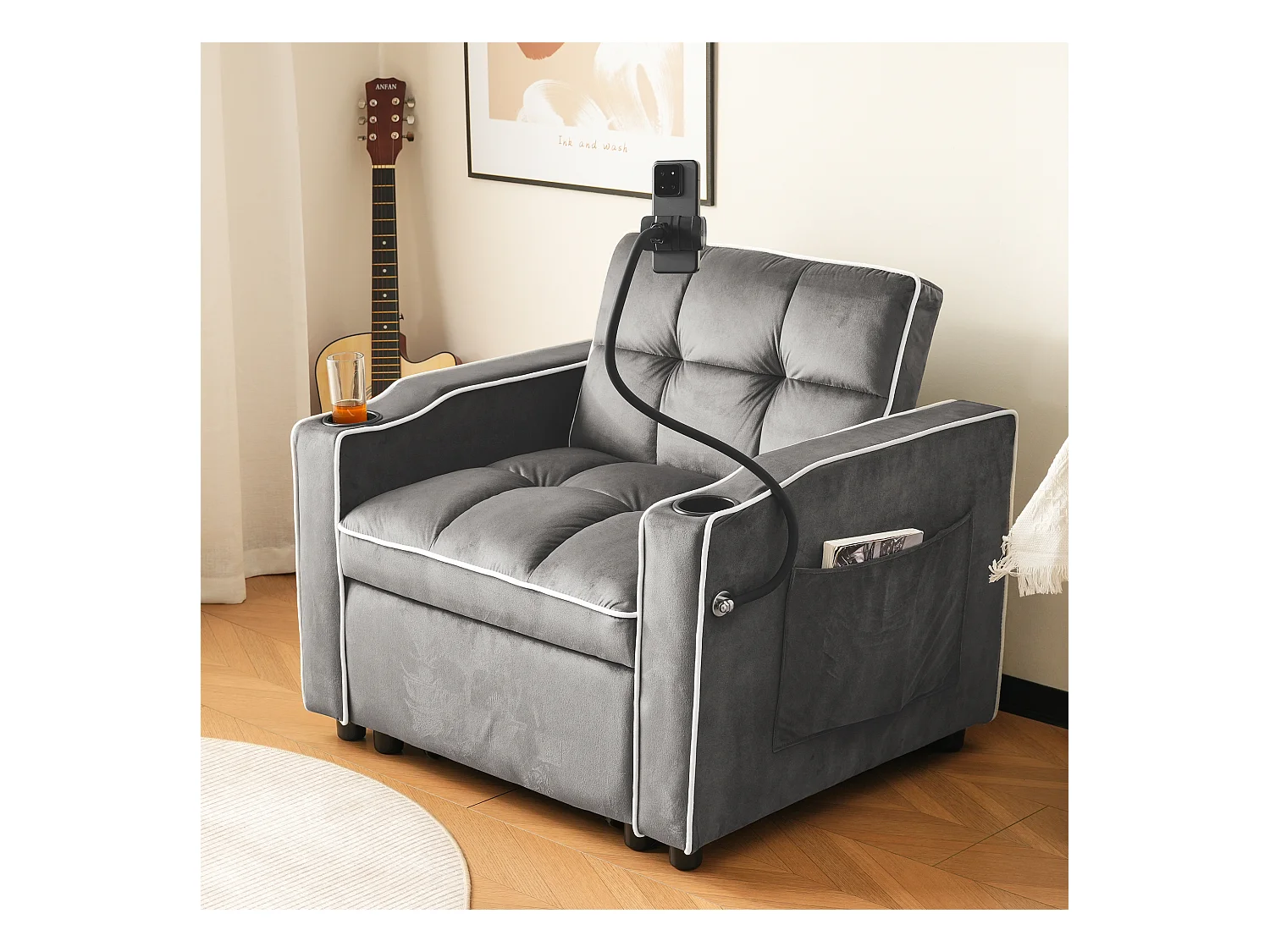 Canapé-lit 3 en 1 avec porte-gobelets et support pour téléphone, tissu chenille, gris foncé (83x167x76 cm)