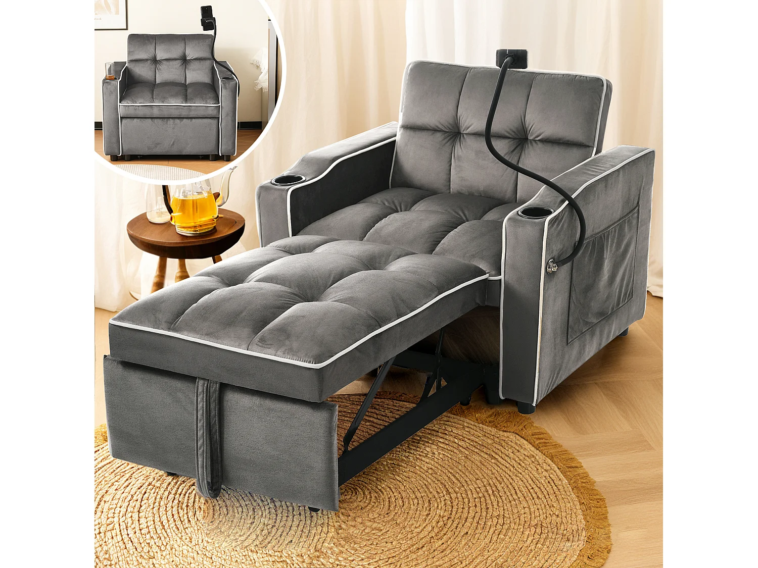 Canapé-lit 3 en 1 avec porte-gobelets et support pour téléphone, tissu chenille, gris foncé (83x167x76 cm)