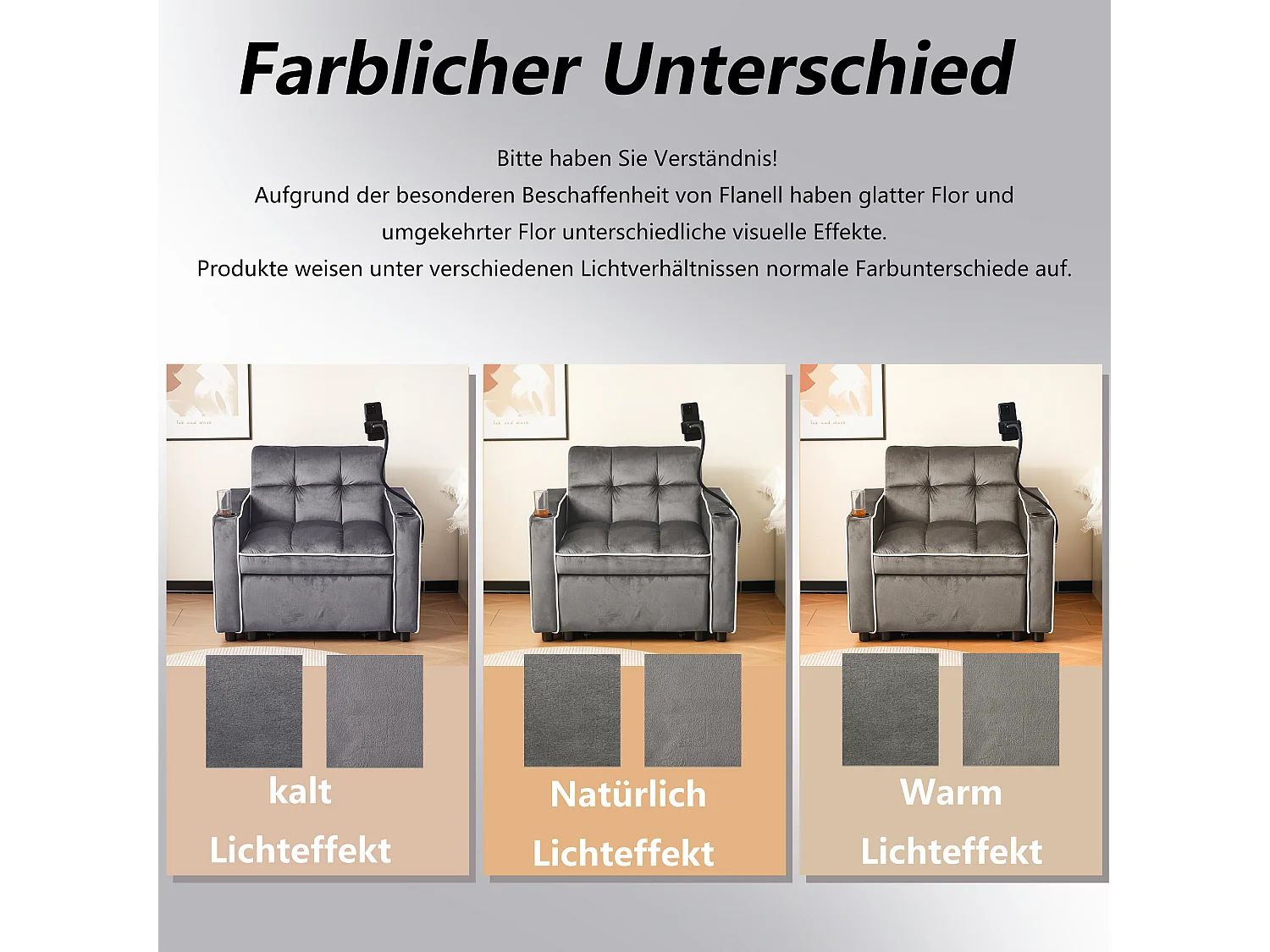 Canapé-lit 3 en 1 avec porte-gobelets et support pour téléphone, tissu chenille, gris foncé (83x167x76 cm)