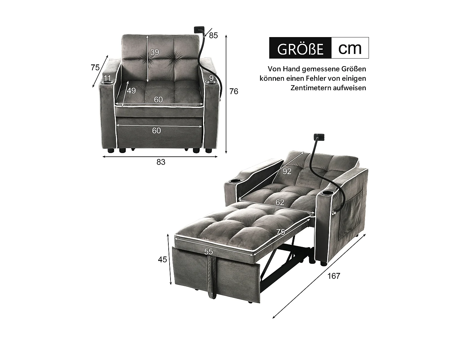 Canapé-lit 3 en 1 avec porte-gobelets et support pour téléphone, tissu chenille, gris foncé (83x167x76 cm)