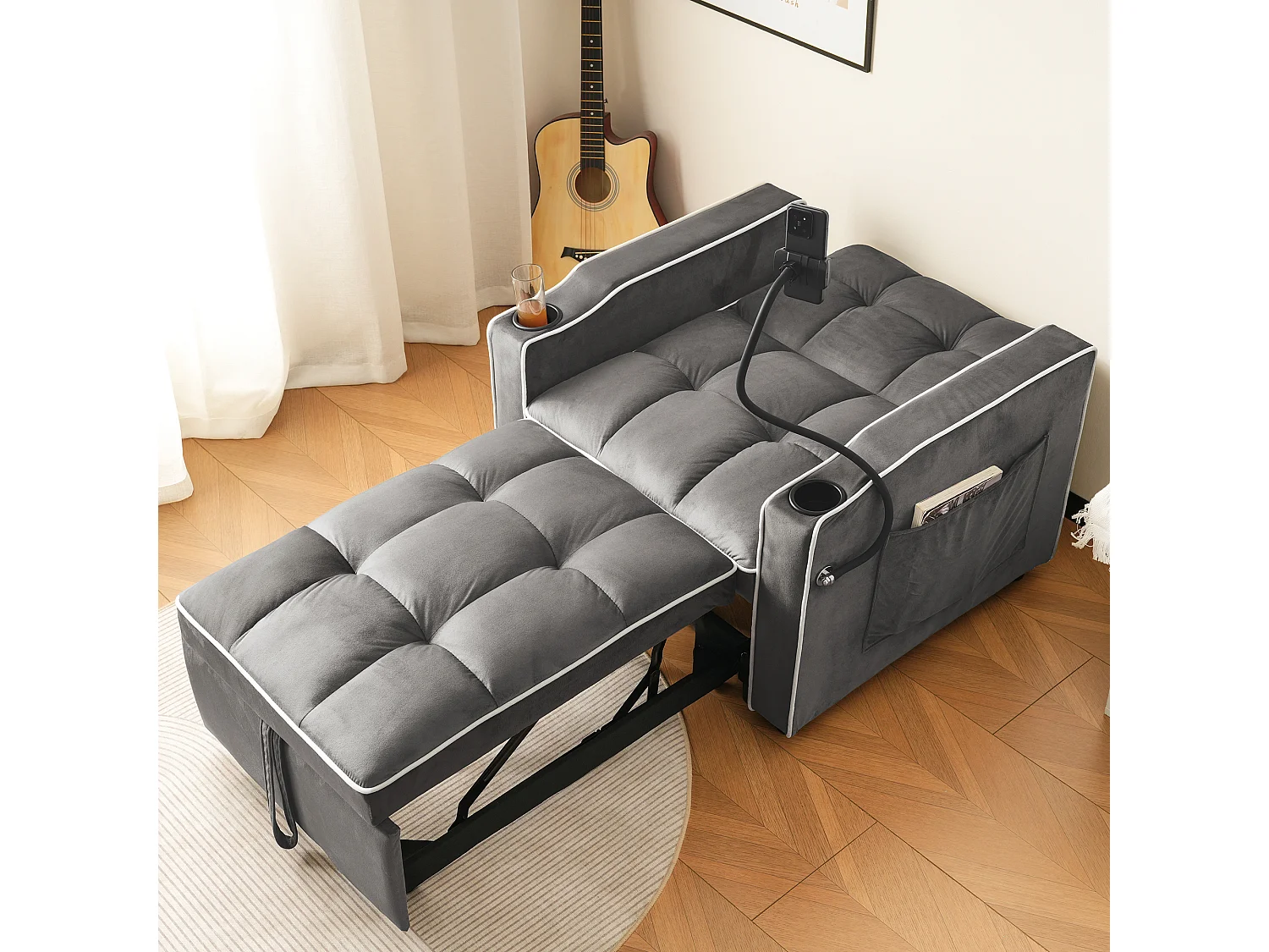 Canapé-lit 3 en 1 avec porte-gobelets et support pour téléphone, tissu chenille, gris foncé (83x167x76 cm)