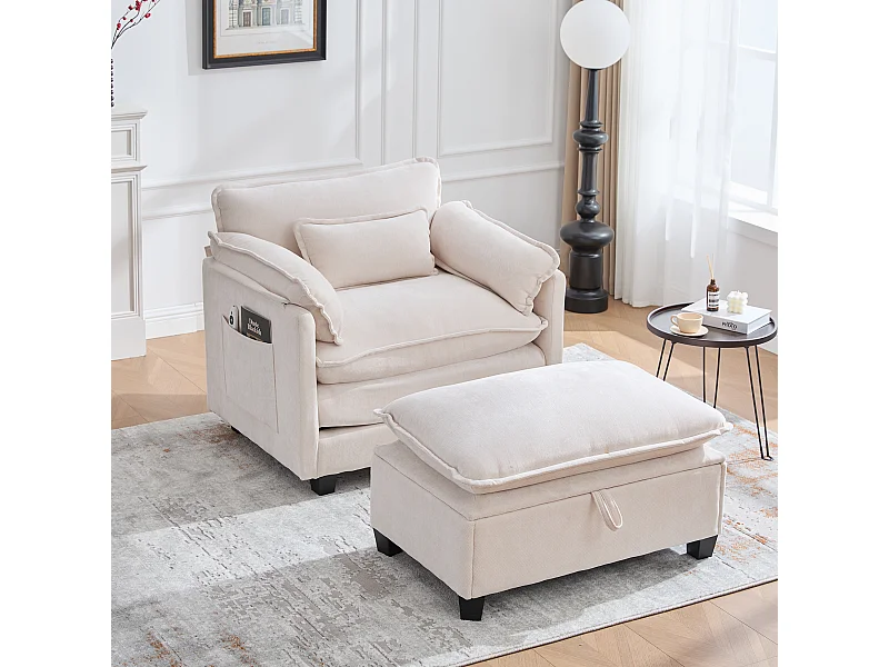 Fauteuil met voetenbank en opbergruimte, chenillestof, beige (103x85x91 cm)