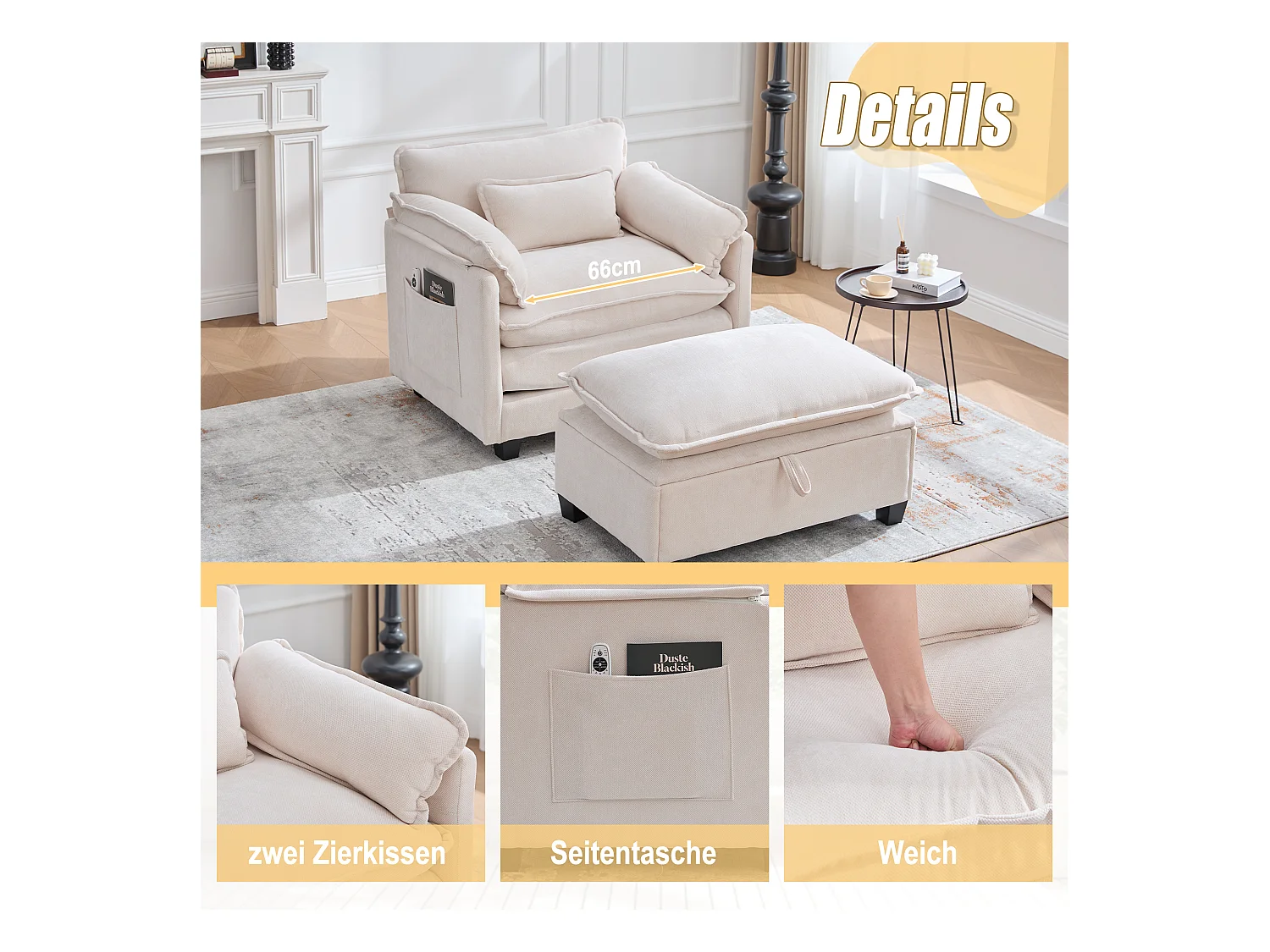 Fauteuil avec repose-pieds et rangement, tissu chenille, beige (103x85x91 cm)