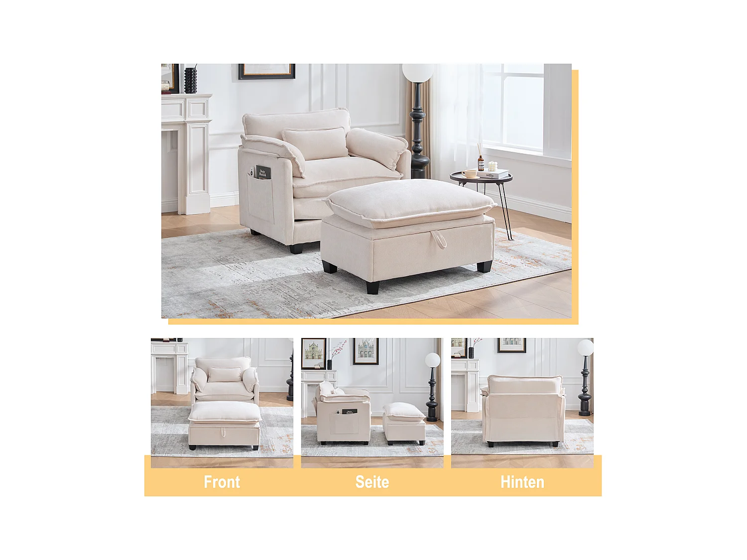 Fauteuil avec repose-pieds et rangement, tissu chenille, beige (103x85x91 cm)