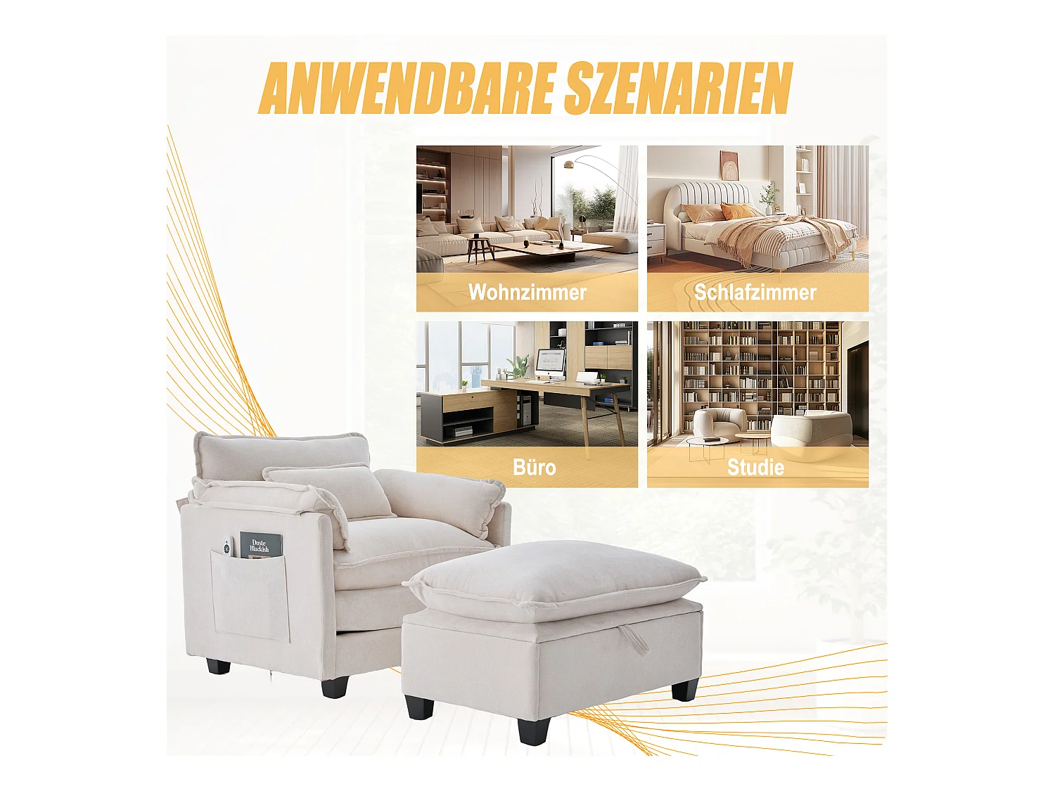 Fauteuil avec repose-pieds et rangement, tissu chenille, beige (103x85x91 cm)