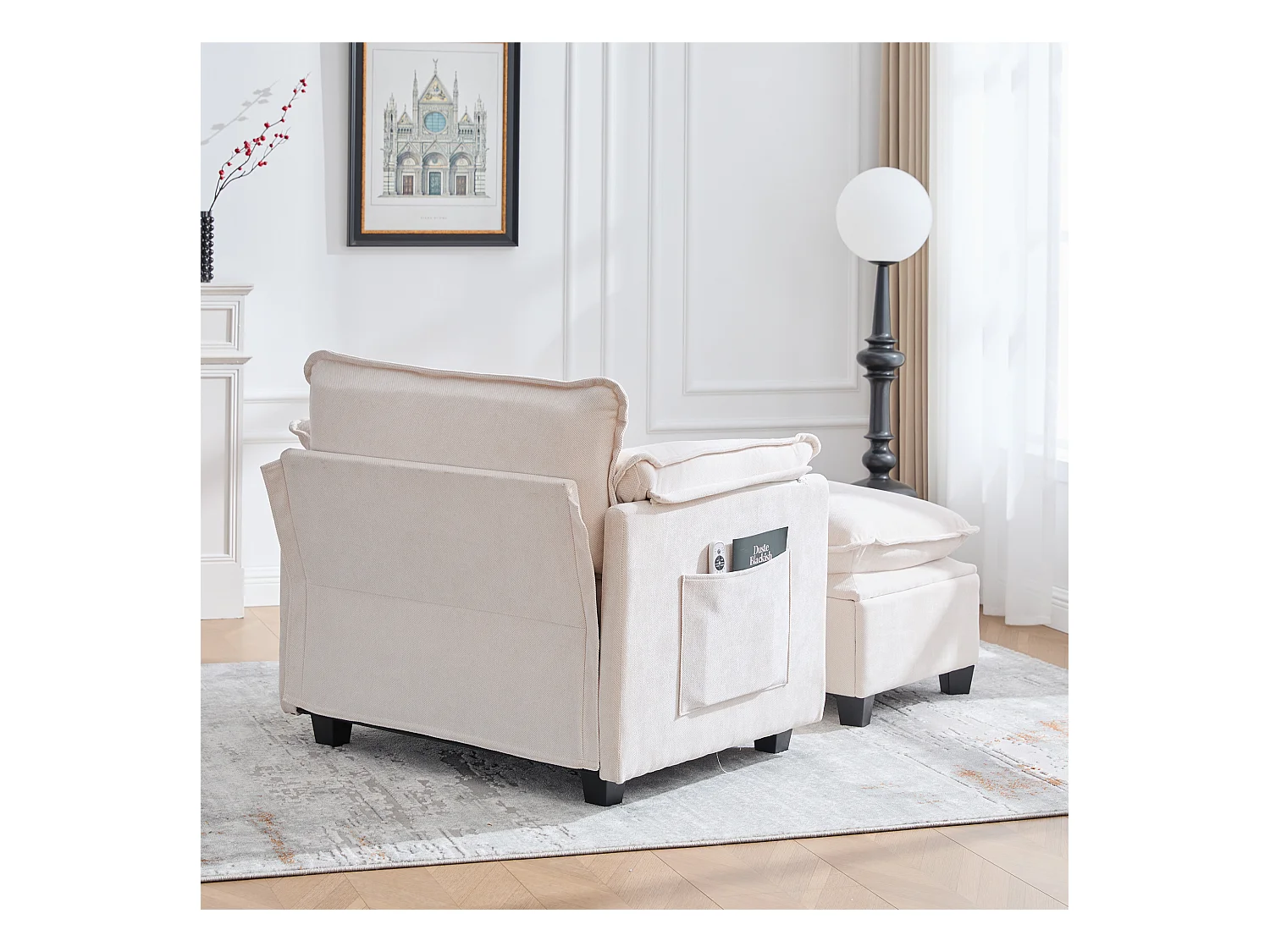 Fauteuil avec repose-pieds et rangement, tissu chenille, beige (103x85x91 cm)