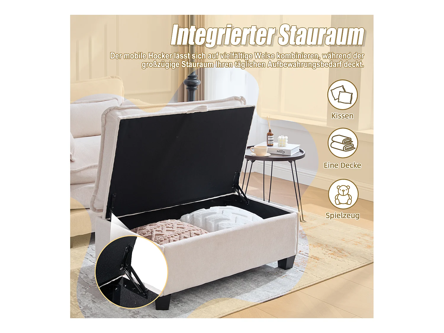 Fauteuil avec repose-pieds et rangement, tissu chenille, beige (103x85x91 cm)