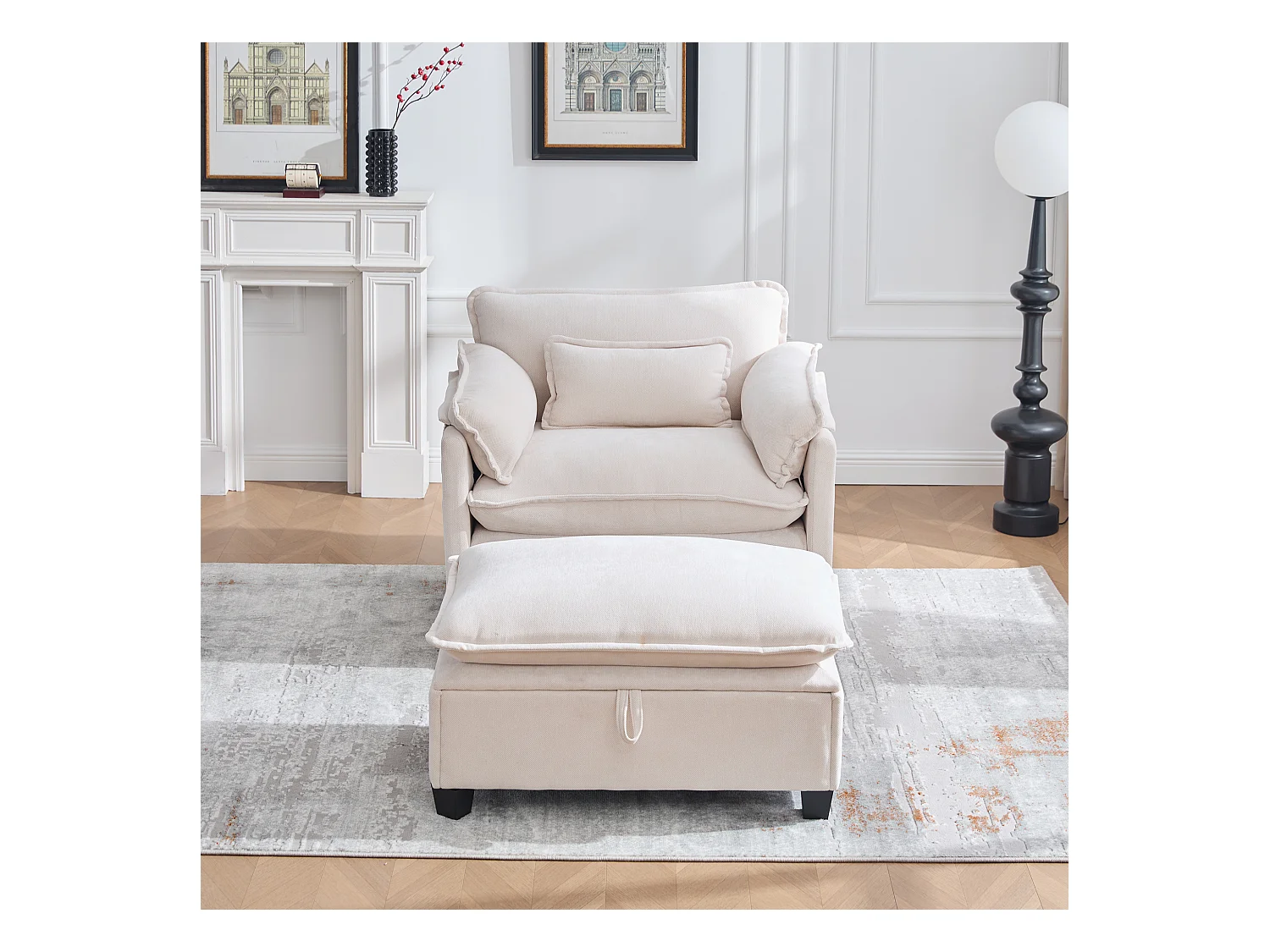 Fauteuil avec repose-pieds et rangement, tissu chenille, beige (103x85x91 cm)