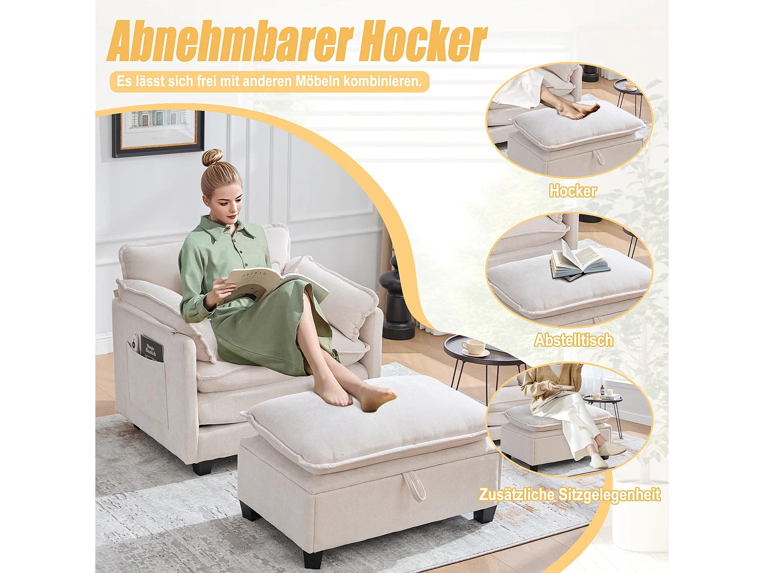 Fauteuil avec repose-pieds et rangement, tissu chenille, beige (103x85x91 cm)