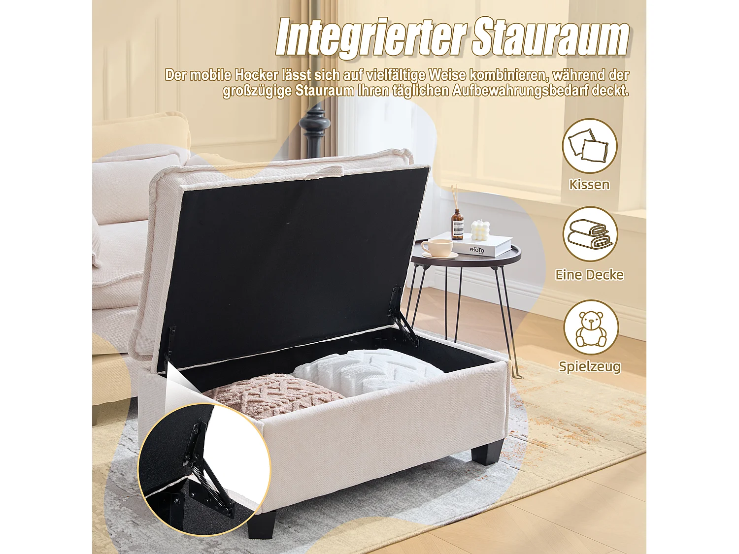 Fauteuil avec repose-pieds et rangement, tissu chenille, beige (103x85x91 cm)