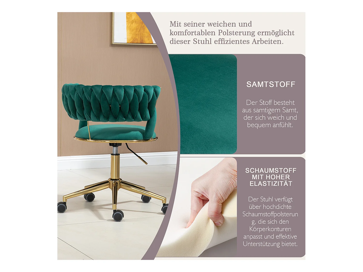 Chaise de bureau pivotante 360° avec dossier en velours, hauteur réglable, ivoire, (62x62x67-77 cm)