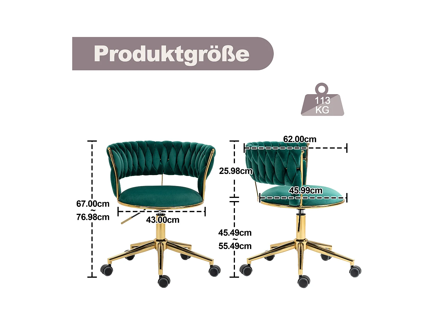 Chaise de bureau pivotante 360° avec dossier en velours, hauteur réglable, ivoire, (62x62x67-77 cm)