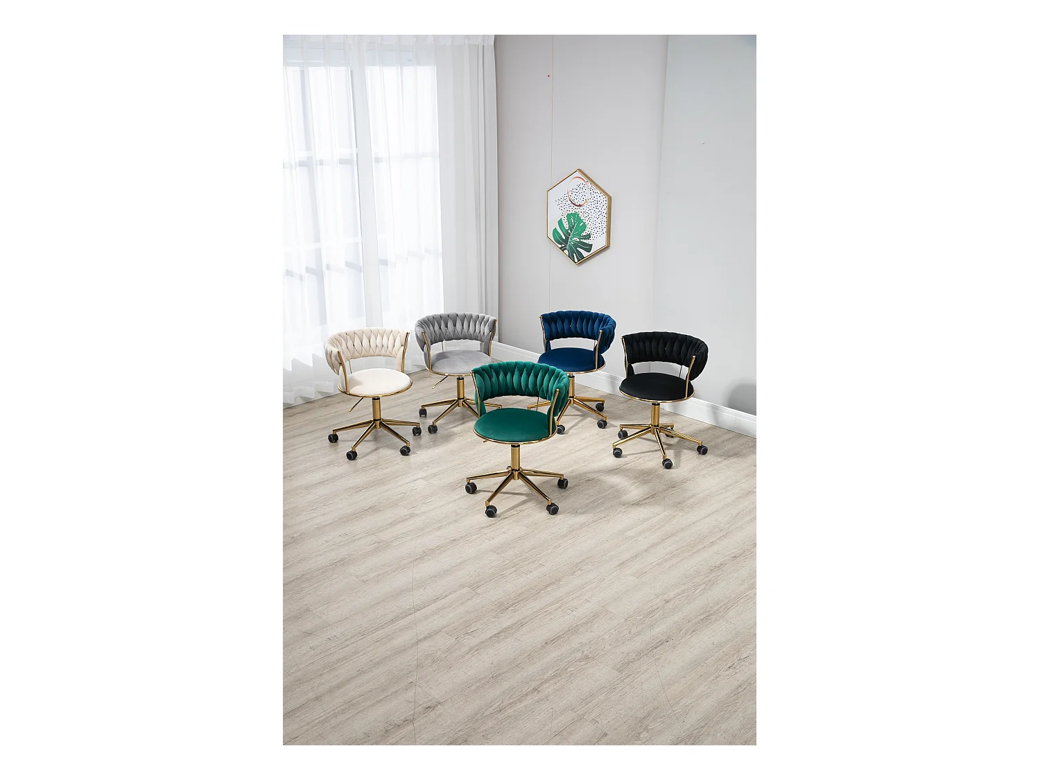 Chaise de bureau pivotante 360° avec dossier en velours, hauteur réglable, ivoire, (62x62x67-77 cm)