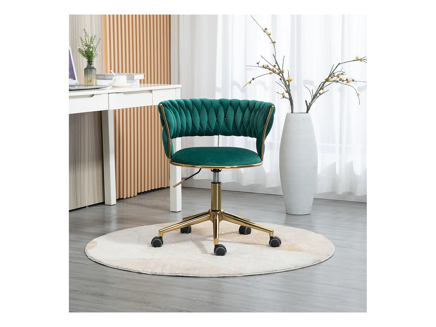 Chaise de bureau pivotante 360° avec dossier en velours, hauteur réglable, ivoire, (62x62x67-77 cm)