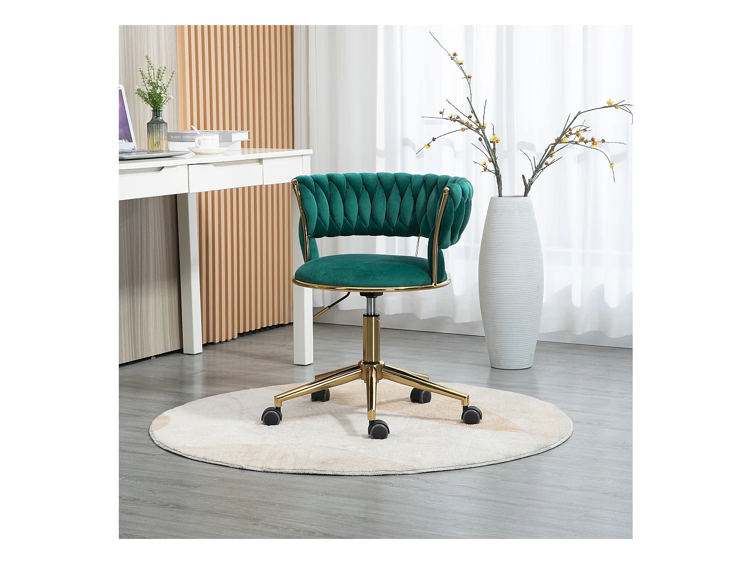 Chaise de bureau pivotante 360° avec dossier en velours, hauteur réglable, ivoire, (62x62x67-77 cm)