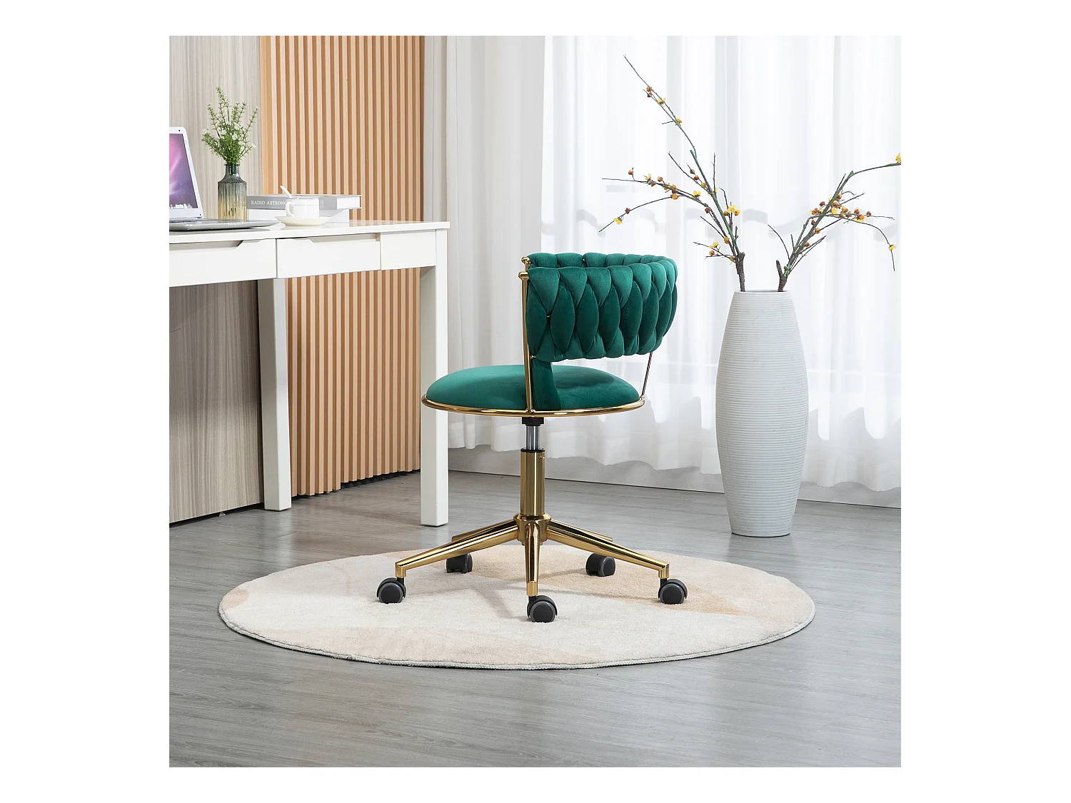 Chaise de bureau pivotante 360° avec dossier en velours, hauteur réglable, ivoire, (62x62x67-77 cm)