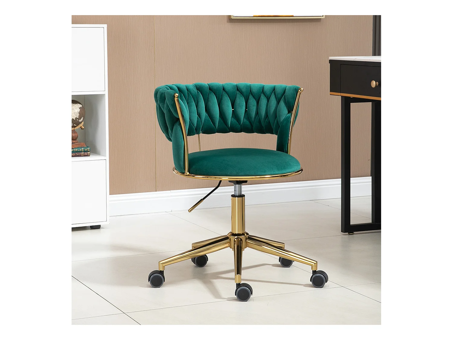 Silla de oficina giratoria de 360° con respaldo de terciopelo, altura ajustable, color marfil (62 x 62 x 67-77 cm)