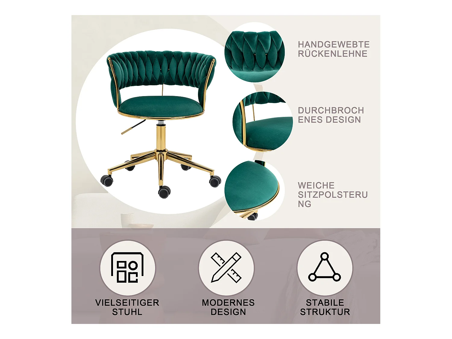 Chaise de bureau pivotante 360° avec dossier en velours, hauteur réglable, ivoire, (62x62x67-77 cm)