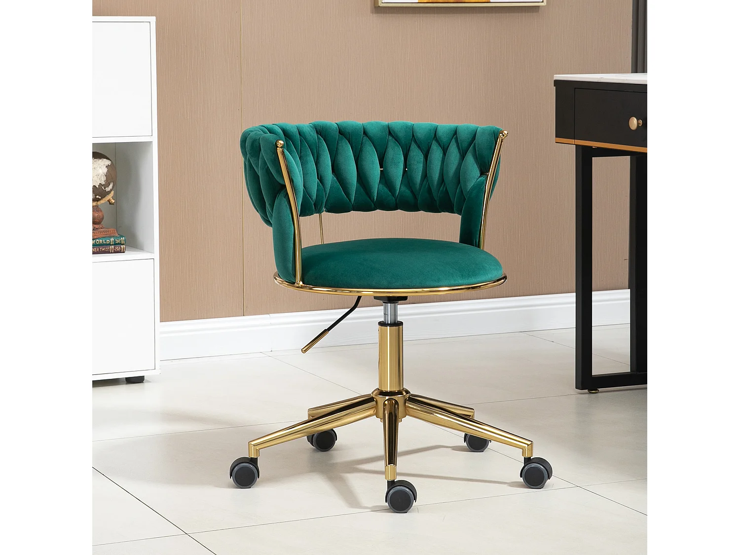 Chaise de bureau pivotante 360° avec dossier en velours, hauteur réglable, ivoire, (62x62x67-77 cm)