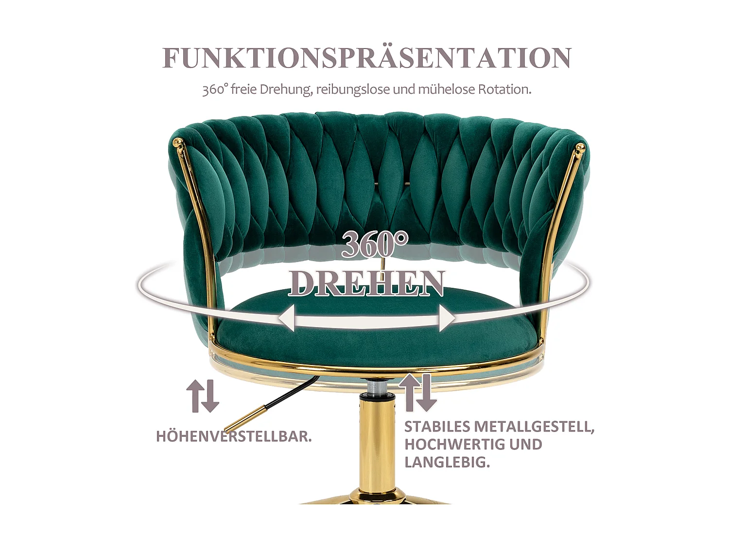 Chaise de bureau pivotante 360° avec dossier en velours, hauteur réglable, ivoire, (62x62x67-77 cm)