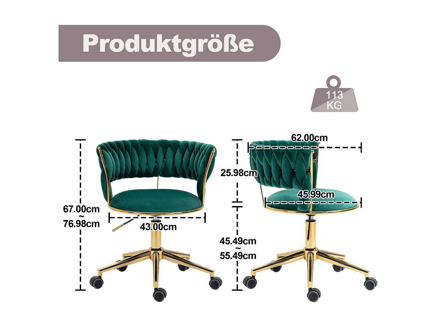 Chaise de bureau pivotante 360° avec dossier en velours, hauteur réglable, ivoire, (62x62x67-77 cm)