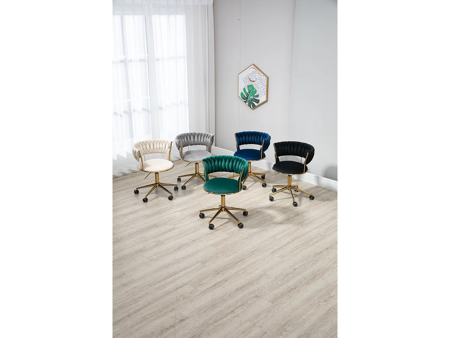 Chaise de bureau pivotante 360° avec dossier en velours, hauteur réglable, ivoire, (62x62x67-77 cm)