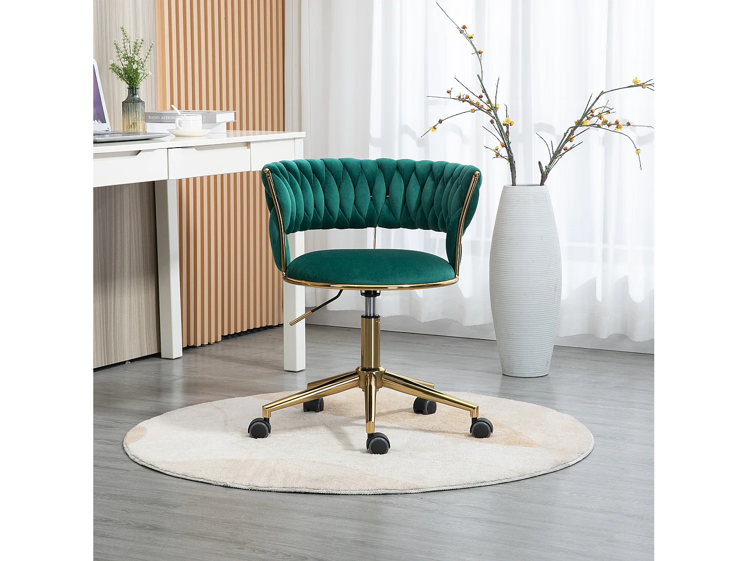 Chaise de bureau pivotante 360° avec dossier en velours, hauteur réglable, ivoire, (62x62x67-77 cm)