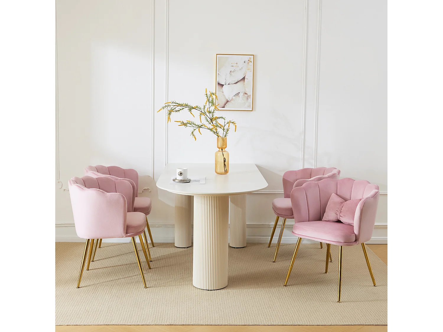 Set van 4 moderne fluwelen stoelen met bloemblaadjesmotief, vlindervormig lendenkussen, gouden metalen poten, grijs (63x58x77 cm)