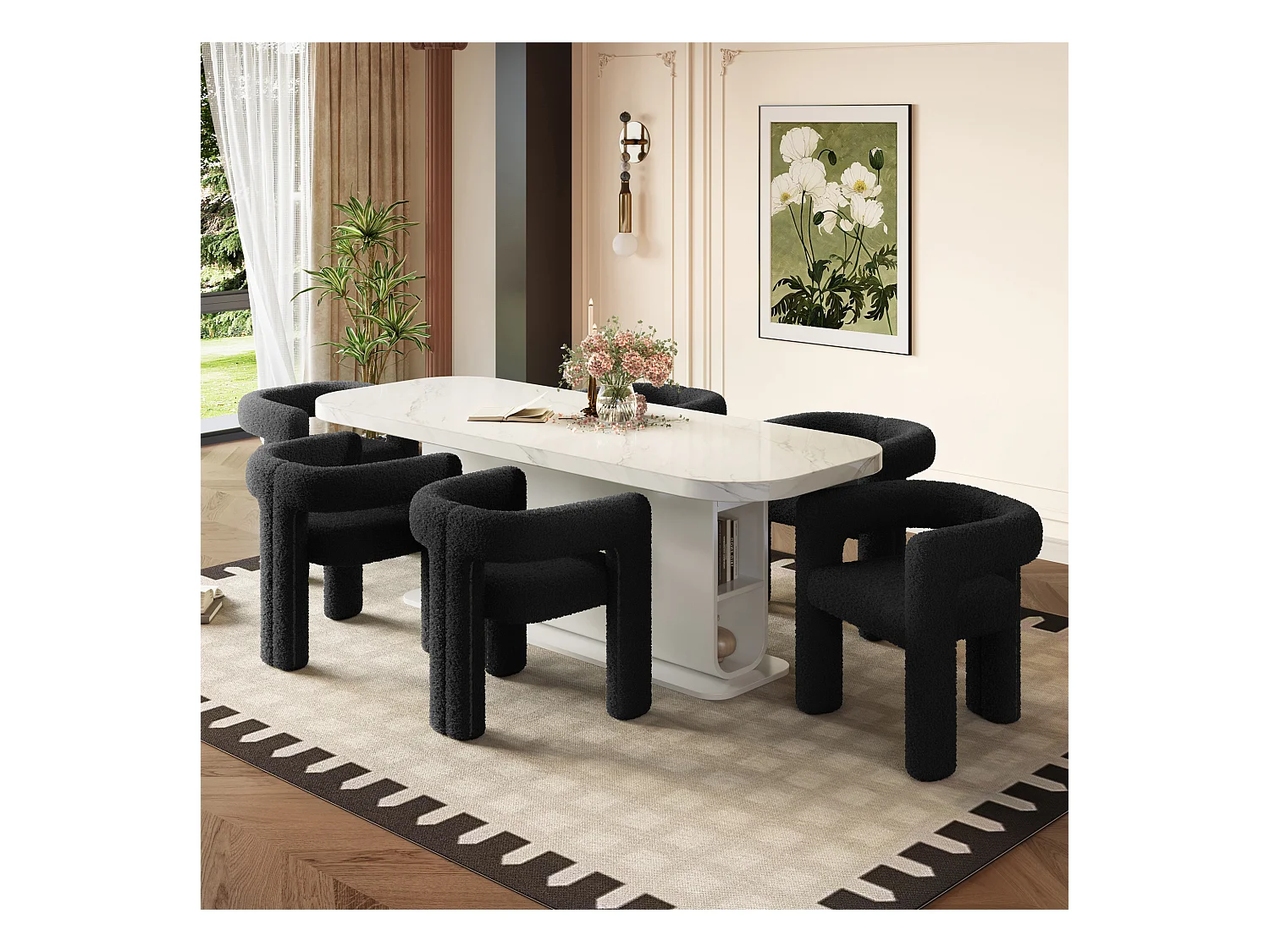 Fauteuil ergonomique en Teddy Flor premium, design unique, confort optimal, couleur noire (62.5x32.5x71 cm)