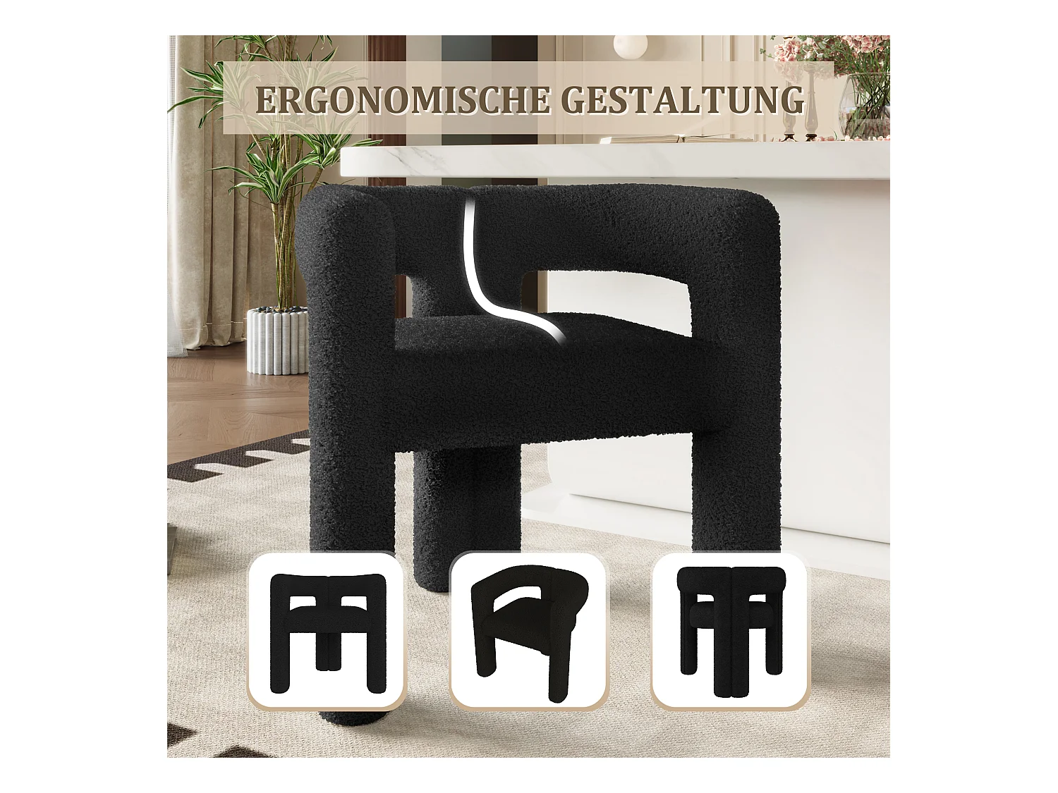 Fauteuil ergonomique en Teddy Flor premium, design unique, confort optimal, couleur noire (62.5x32.5x71 cm)