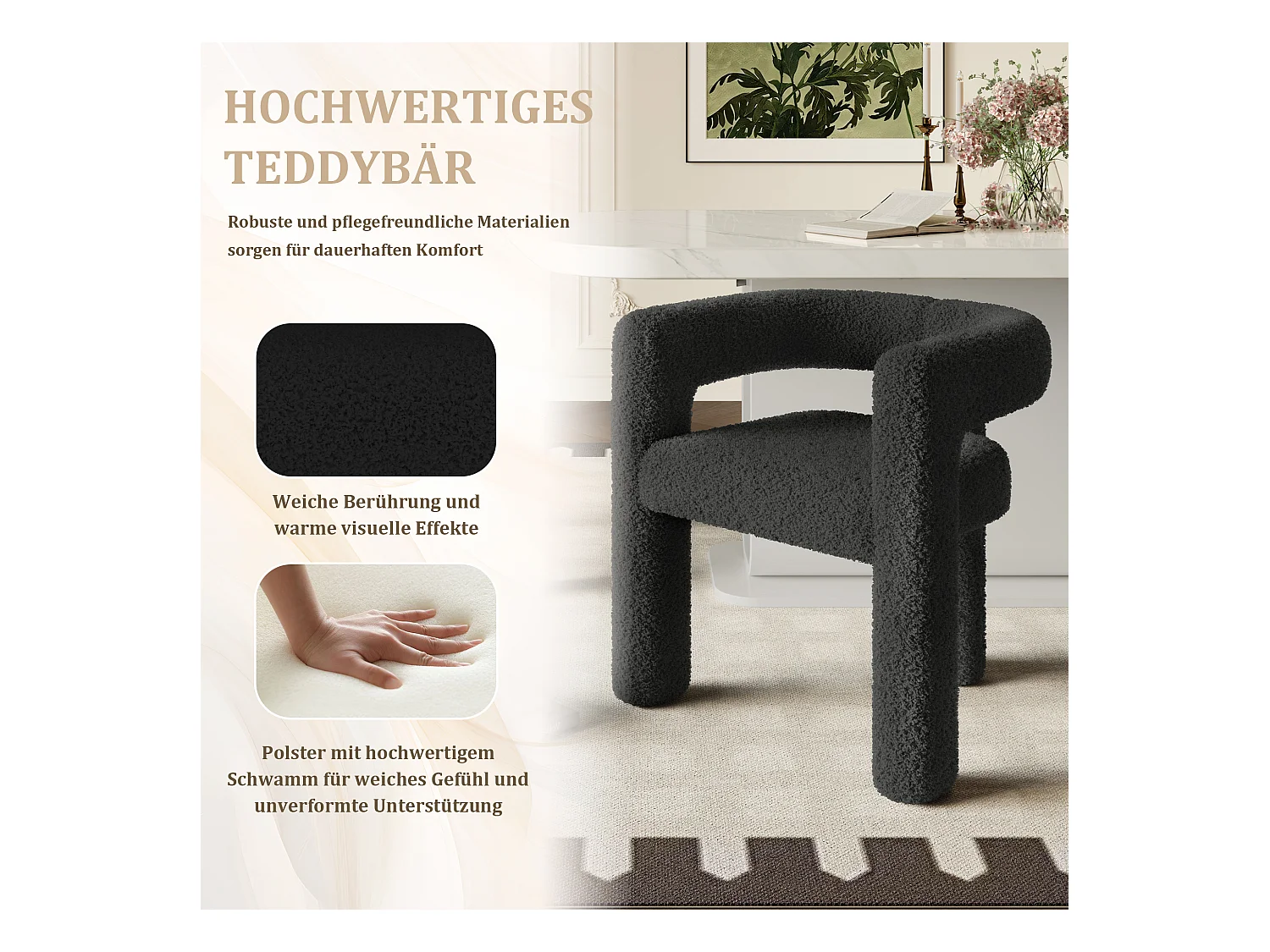 Fauteuil ergonomique en Teddy Flor premium, design unique, confort optimal, couleur noire (62.5x32.5x71 cm)