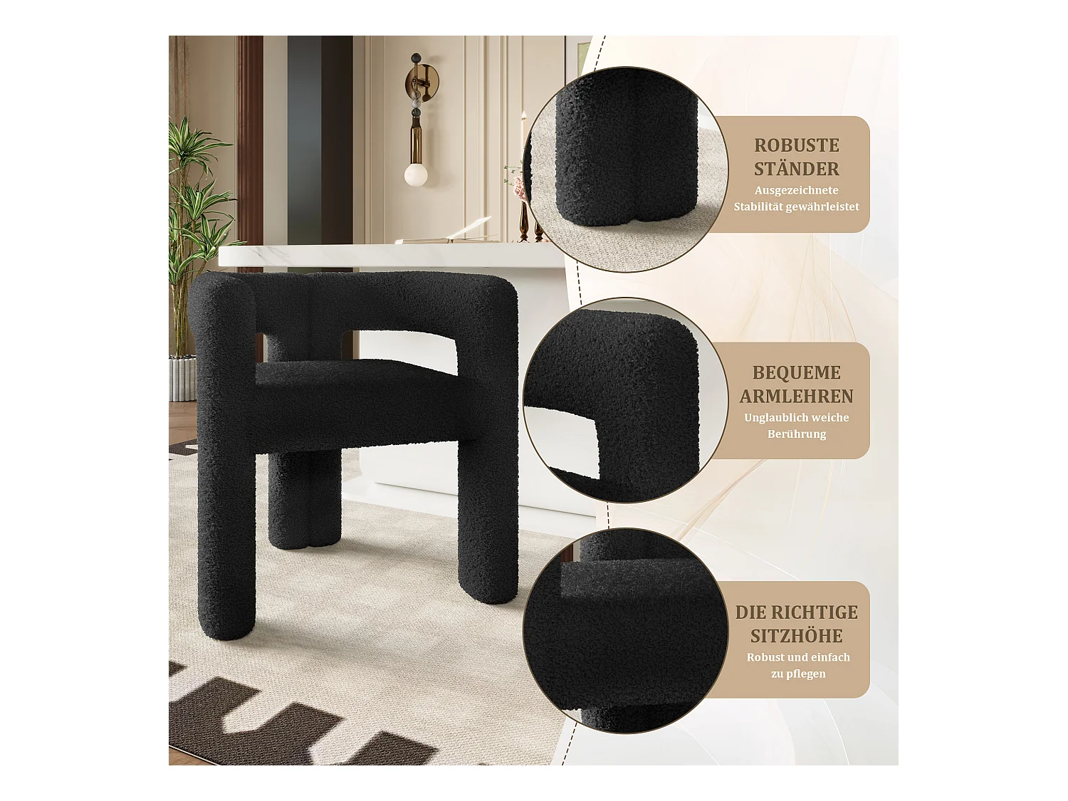 Fauteuil ergonomique en Teddy Flor premium, design unique, confort optimal, couleur noire (62.5x32.5x71 cm)