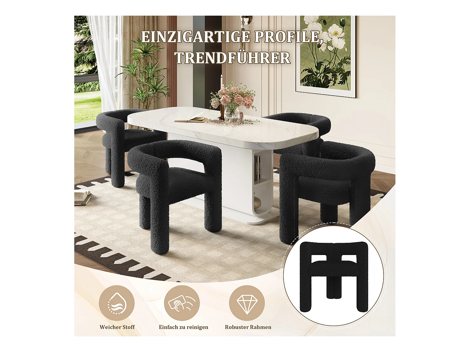 Fauteuil ergonomique en Teddy Flor premium, design unique, confort optimal, couleur noire (62.5x32.5x71 cm)
