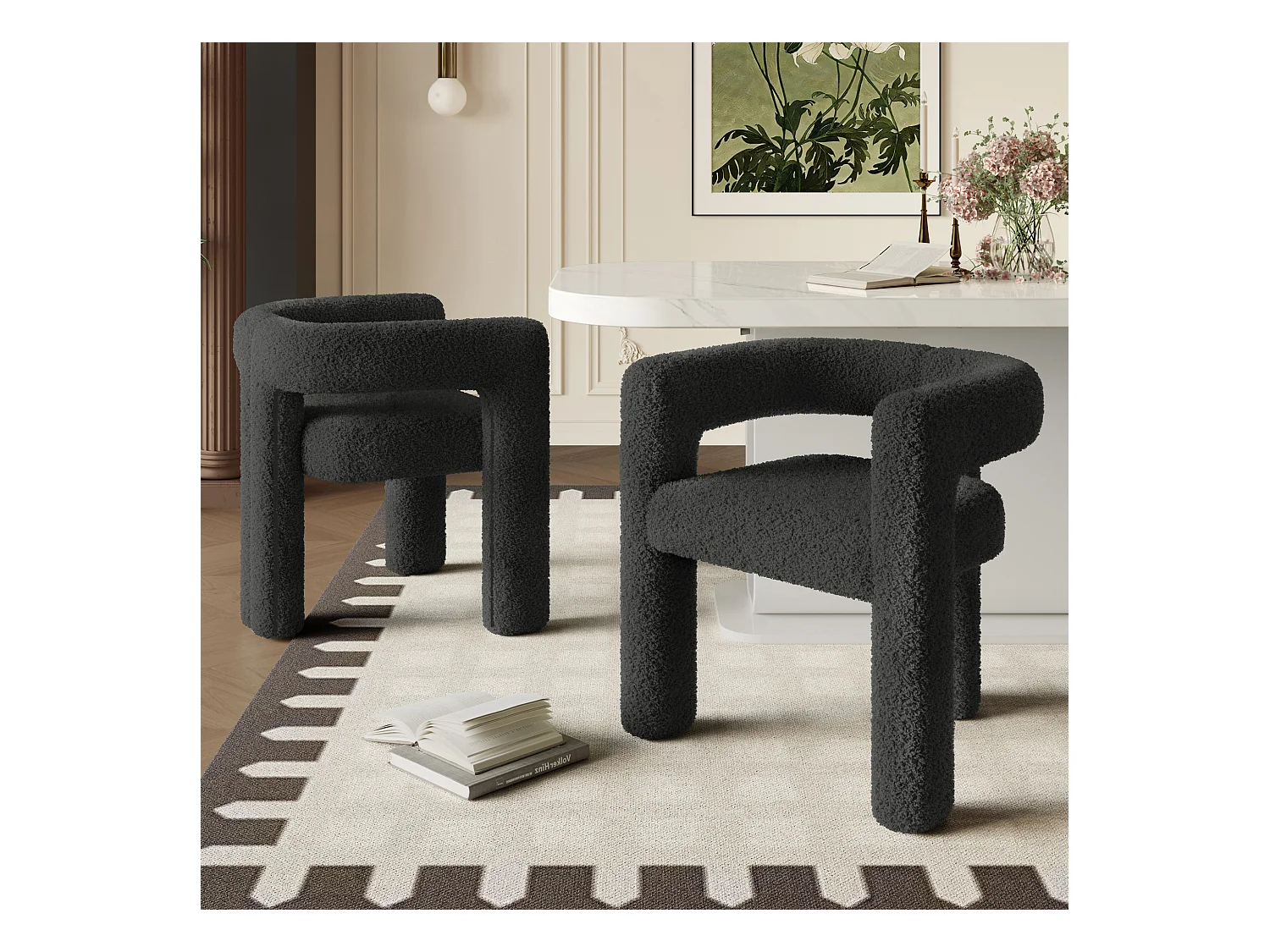 Fauteuil ergonomique en Teddy Flor premium, design unique, confort optimal, couleur noire (62.5x32.5x71 cm)
